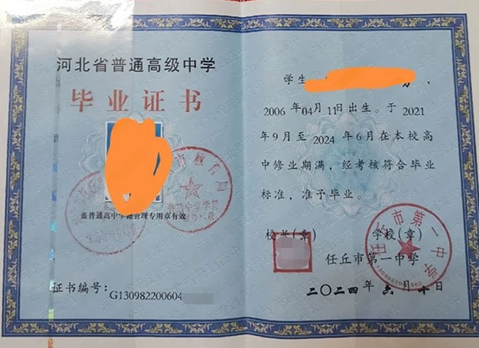 通辽任丘市第一中学高中毕业证样本图片
